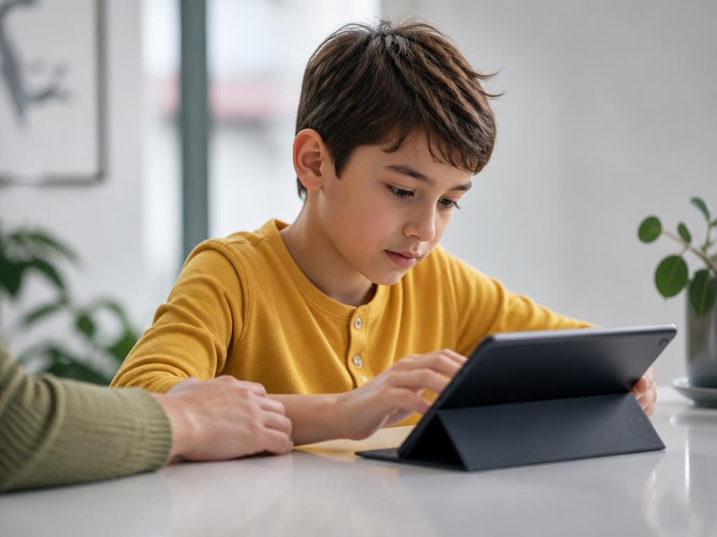 Un enfant utilise une tablette accompagné d’un adulte