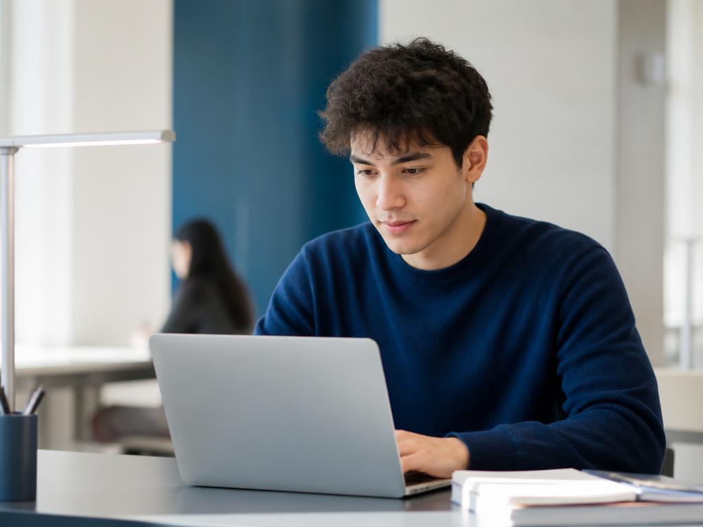 Un étudiant travaille sur son ordinateur portable dans un espace lumineux